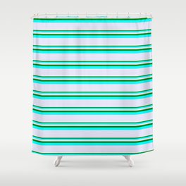 [ Thumbnail: Green, Aqua & Lavender Colored Pattern of Stripes Shower Curtain ]