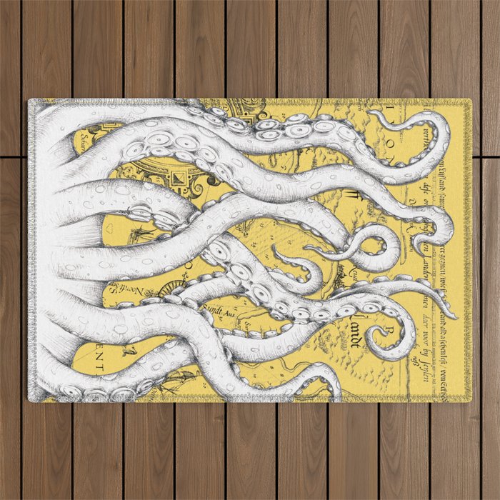 White Tentacles Octopus Vintage Map Yellow Ink Outdoor Rug