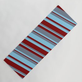 [ Thumbnail: Slate Gray, Sky Blue & Maroon Colored Lined/Striped Pattern Yoga Mat ]