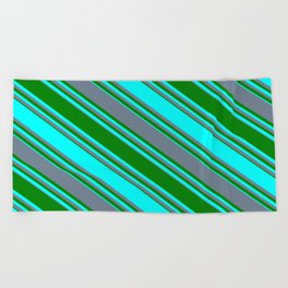 [ Thumbnail: Slate Gray, Green & Cyan Colored Stripes/Lines Pattern Beach Towel ]