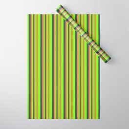 [ Thumbnail: Chartreuse, Coral, and Dark Slate Gray Colored Lines/Stripes Pattern Wrapping Paper ]