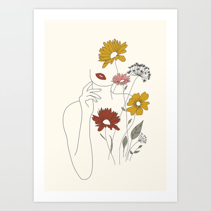 Colorful Thoughts Minimal Line Art Woman with Flowers III Art Print