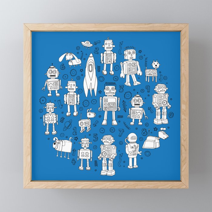 Robots in Space - Blue on Grey - pattern by Cecca Designs Framed Mini Art Print