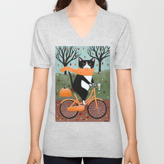 Tuxedo Cat Autumn Bicycle Ride V Neck T Shirt