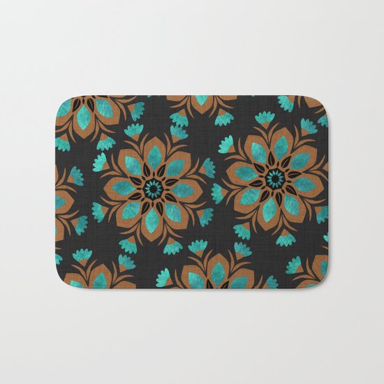 Teal & Brown Decorative Flowers Design Bath Mat