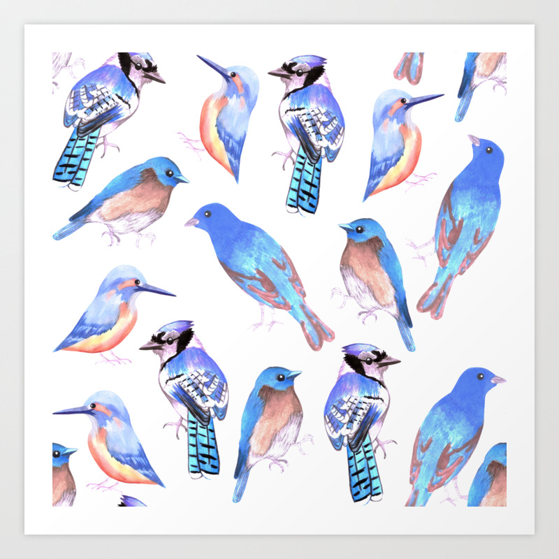 Birds In Tints And Shades Of Blue Watercolor Bird Painting Art