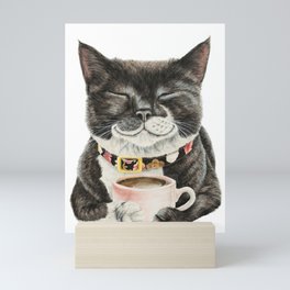 Purrfect Morning , cat with her coffee cup Mini Art Print