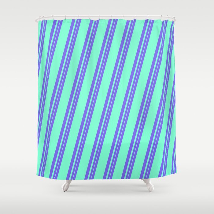 Medium Slate Blue and Aquamarine Colored Lines Pattern Shower Curtain