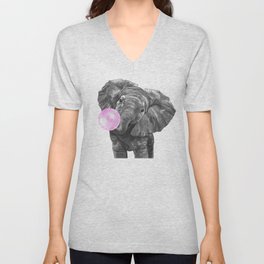 Bubble Gum Elephant Black and White V Neck T Shirt