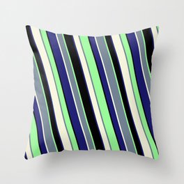 [ Thumbnail: Vibrant Slate Gray, Beige, Midnight Blue, Black, and Green Colored Stripes/Lines Pattern Throw Pillow ]