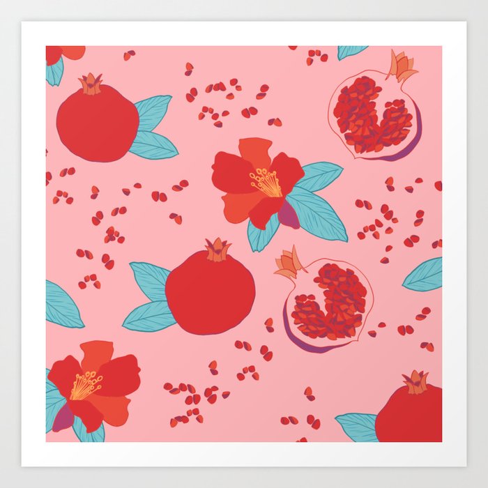 Pomegranate fruit and flower pink and red pattern Art Print