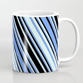[ Thumbnail: Cornflower Blue, Black, and Light Cyan Colored Striped Pattern Coffee Mug ]