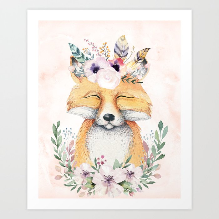 Forest Fox Floral Pink by Nature Magick Art Print