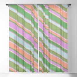 [ Thumbnail: Eyecatching Green, Orchid, Powder Blue, Coral & Forest Green Colored Lined Pattern Sheer Curtain ]