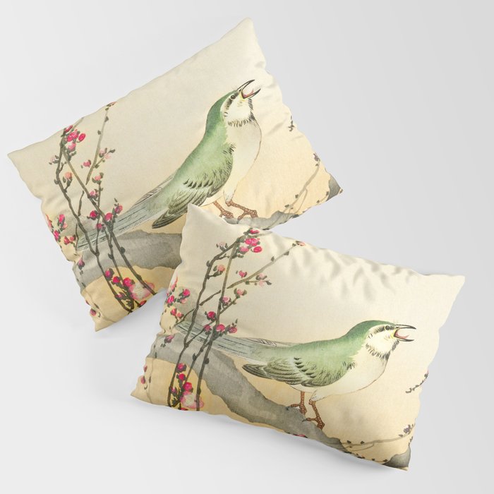 Songbird on peach tree - Vintage Japanese Woodblock Print Art Pillow Sham