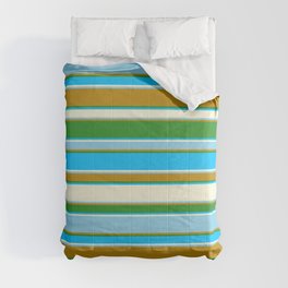 [ Thumbnail: Forest Green, Deep Sky Blue, Beige, Sky Blue, and Dark Goldenrod Colored Striped/Lined Pattern Comforter ]