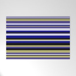 [ Thumbnail: Eyecatching Dark Khaki, Dark Slate Blue, Lavender, Dark Blue, and Black Colored Lines Pattern Welcome Mat ]
