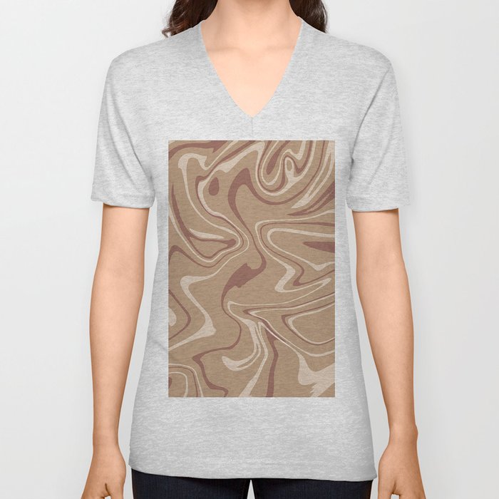 Modern Cappuccino Brown  Liquid Marble Abstract V Neck T Shirt