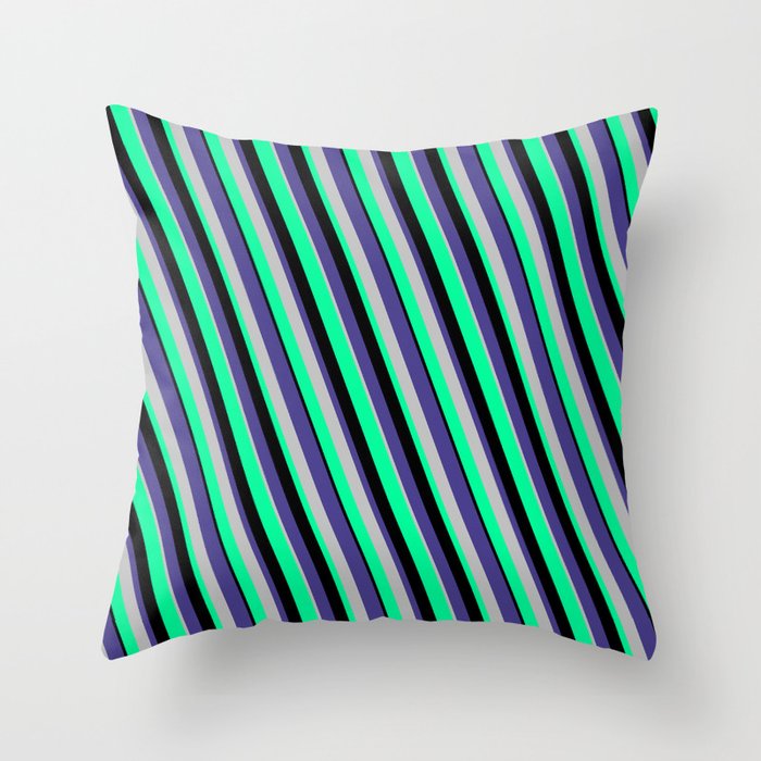 Dark Slate Blue, Grey, Green, and Black Colored Lines/Stripes Pattern Throw Pillow
