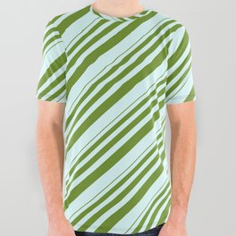 [ Thumbnail: Green and Light Cyan Colored Lined Pattern All Over Graphic Tee ]