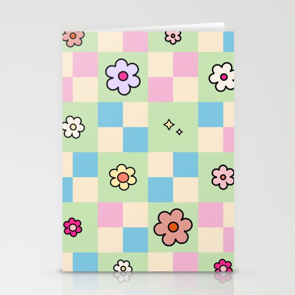 Checkered Flower Pastel Checker Pattern Stationery Cards