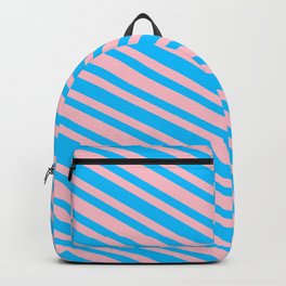 [ Thumbnail: Pink and Deep Sky Blue Colored Striped Pattern Backpack ]