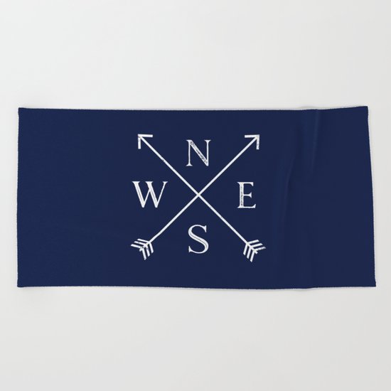 Navy Blue and White Compass Arrows Beach Towel