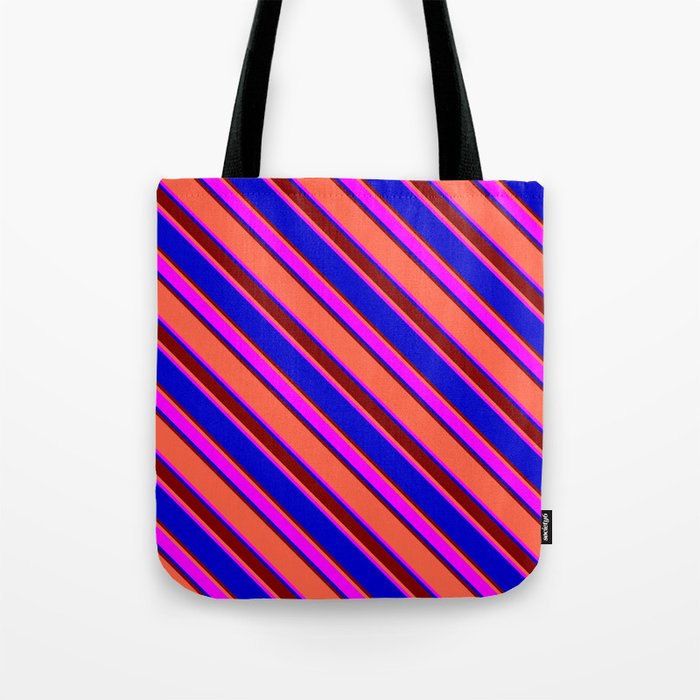 Red, Fuchsia, Blue & Maroon Colored Stripes/Lines Pattern Tote Bag