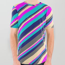 [ Thumbnail: Midnight Blue, Dim Gray, Beige, Fuchsia, and Dark Turquoise Colored Lines/Stripes Pattern All Over Graphic Tee ]