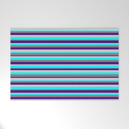 [ Thumbnail: Grey, Indigo, Light Gray, and Cyan Colored Striped Pattern Welcome Mat ]