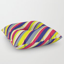 [ Thumbnail: Vibrant Light Slate Gray, Yellow, Bisque, Crimson & Midnight Blue Colored Lines/Stripes Pattern Floor Pillow ]