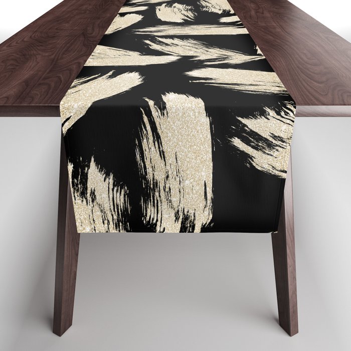 Modern black gold abstract glitter brushstrokes Table Runner