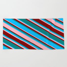[ Thumbnail: Teal, Deep Sky Blue, Light Pink, and Maroon Colored Striped Pattern Beach Towel ]