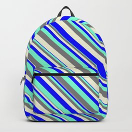 [ Thumbnail: Aquamarine, Grey, Beige & Blue Colored Pattern of Stripes Backpack ]