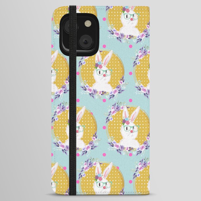 Easter Bunny With Glasses And Flowers iPhone Wallet Case