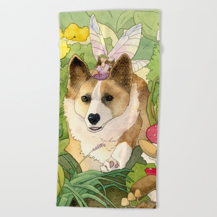 The Faerie and the Welsh Corgi Beach Towel by The Faery Wytchwood