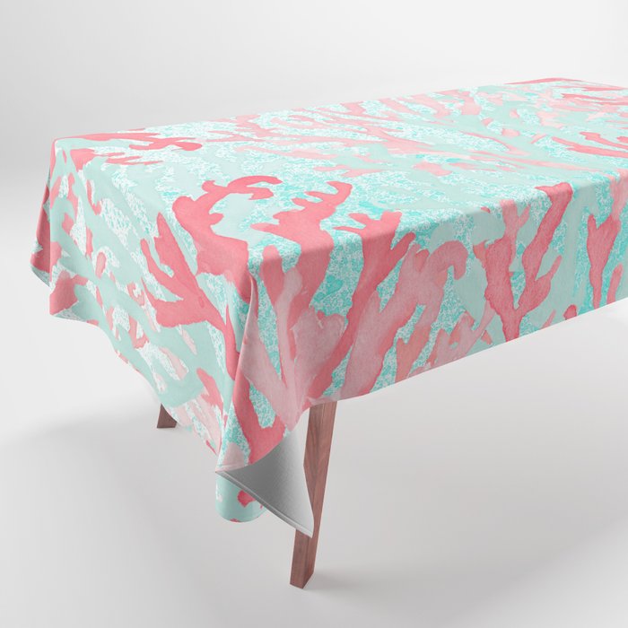 Watercolor hand painted coral pink teal reef coral floral Tablecloth