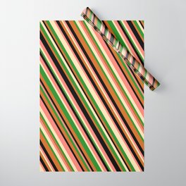 [ Thumbnail: Eye-catching Salmon, Beige, Forest Green, Chocolate, and Black Colored Lines/Stripes Pattern Wrapping Paper ]