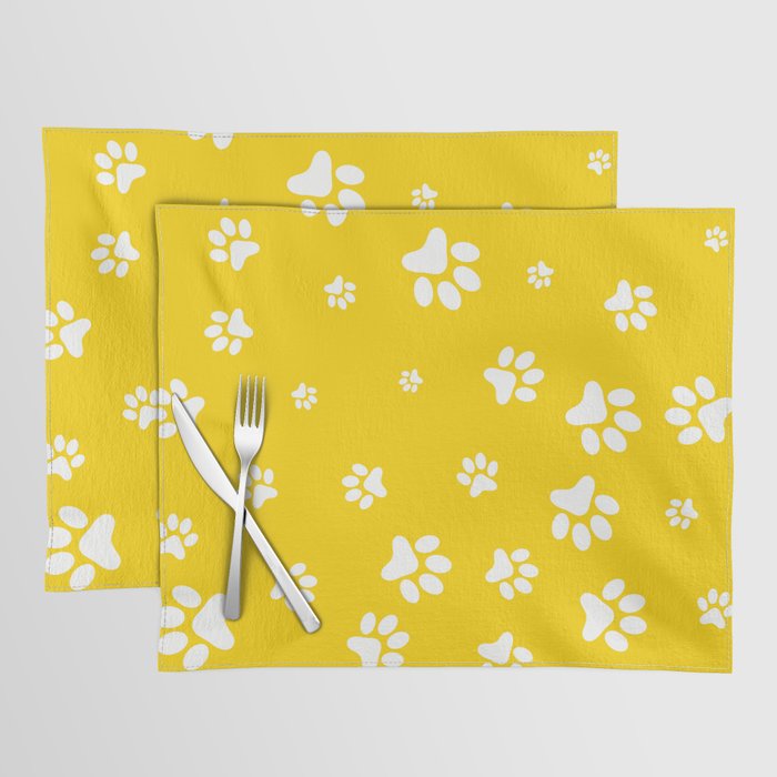 White Pet paw pattern on Yellow background Placemat