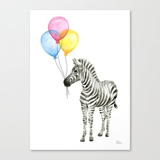 Zebra with Balloons Watercolor Baby Animals Canvas Print