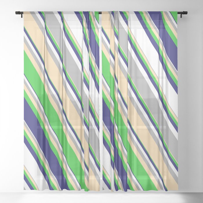 Eyecatching Dark Grey, Tan, Lime Green, Midnight Blue, and White Colored Pattern of Stripes Sheer Curtain