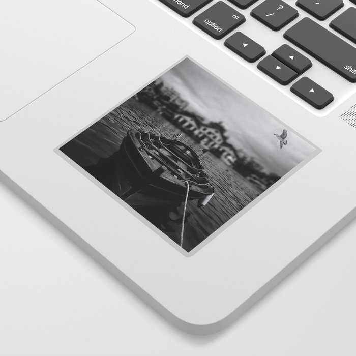 Ships in the blue harbor with seagull portrait black and white photograph / photography Sticker