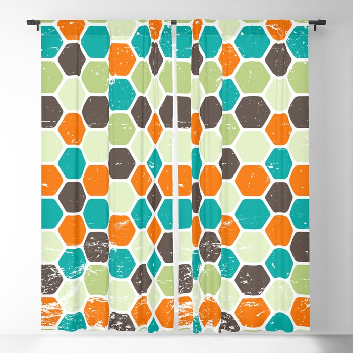 Retro Geometric Hexagons / Vintage Scratched Distressed Pattern Blackout Curtain