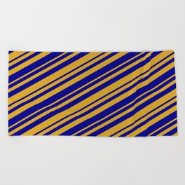 [ Thumbnail: Goldenrod & Dark Blue Colored Lined/Striped Pattern Beach Towel ]