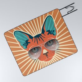 Retro Hipcat & His Sunglasses - Raw Sienna Sunburst Picnic Blanket