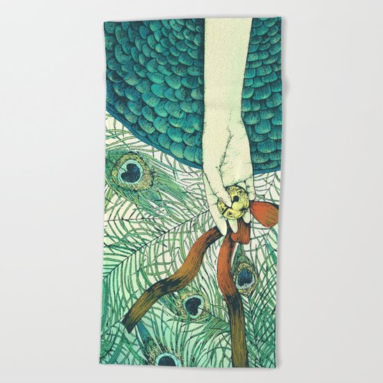Golden bell and peacock feathers Beach Towel