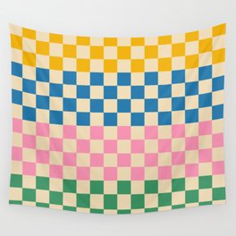 Retro Check Stripe 4 Pattern in Rainbow Pop Yellow Blue Pink Green Beige Wall Tapestry