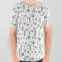 Black sketch wild flowers All Over Graphic Tee