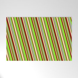 [ Thumbnail: Eye-catching Dark Grey, Green, Beige, Dark Red, and Chartreuse Colored Lined/Striped Pattern Welcome Mat ]