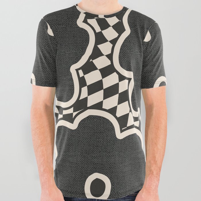 Neutral 70s Groovy Flowers on Swirled Checker All Over Graphic Tee